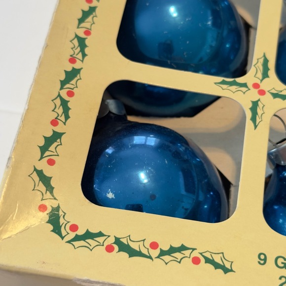 Holly Vintage Blue Glass Christmas Ornaments Set of 9 USA Made 2.25 Inch #214/9 - Picture 5 of 8